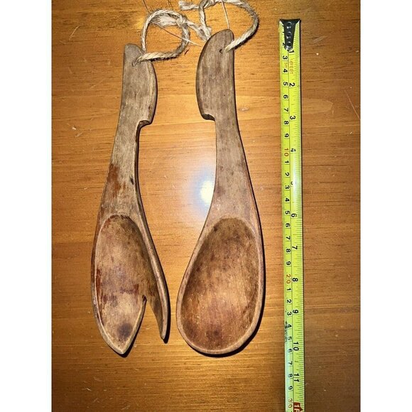 Vintage MCM Wooden Fork & Spoon Salad Serving Set Hand Made Rustic Cabin Cottage - Picture 3 of 4